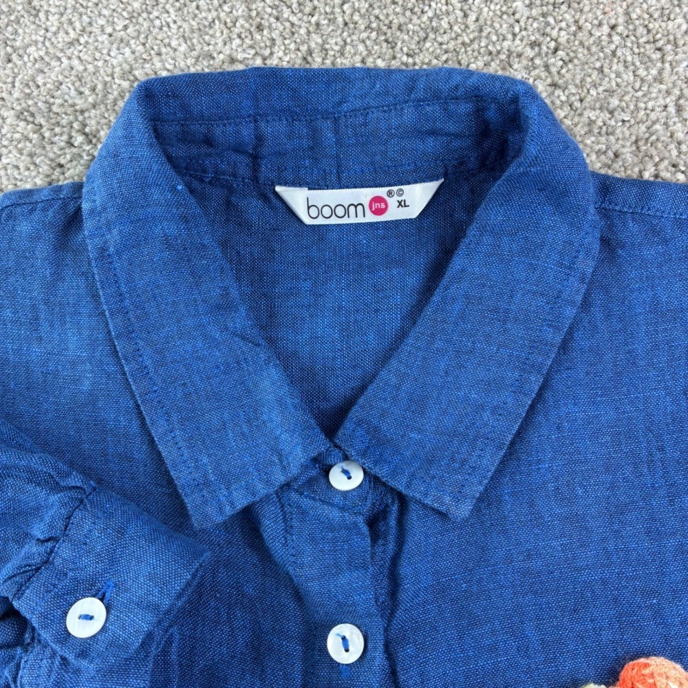 Boom Jns Linen Shirt Womens XL Blue Crochet Flower Art To Wear Button Down Boho